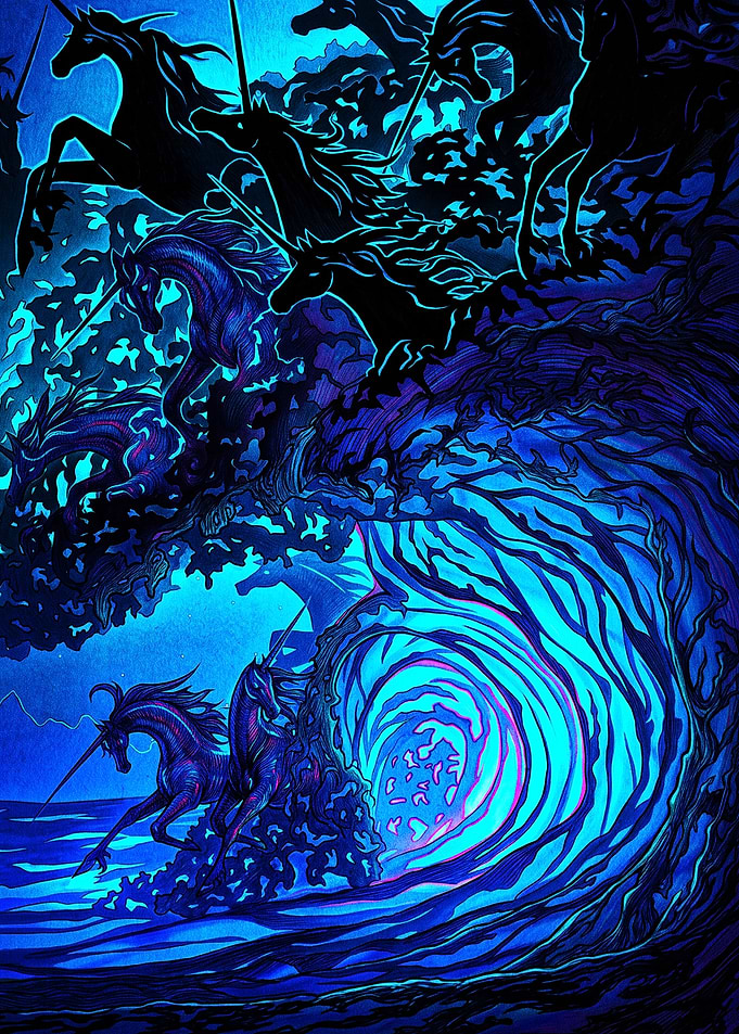 Unicorns Riding a Bioluminescent Wave