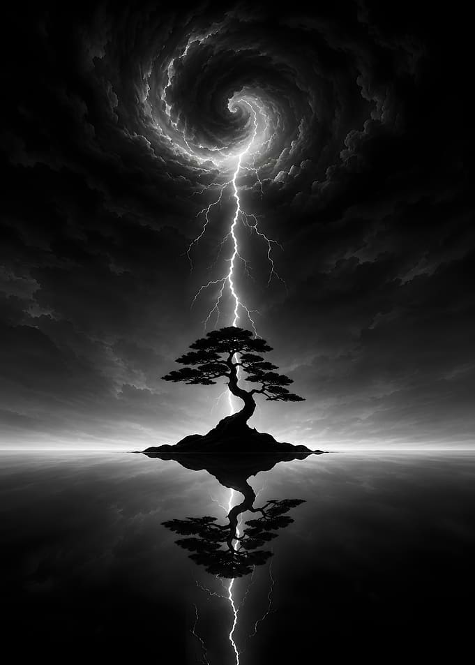 Bonsai Tree Under Stormy Sky