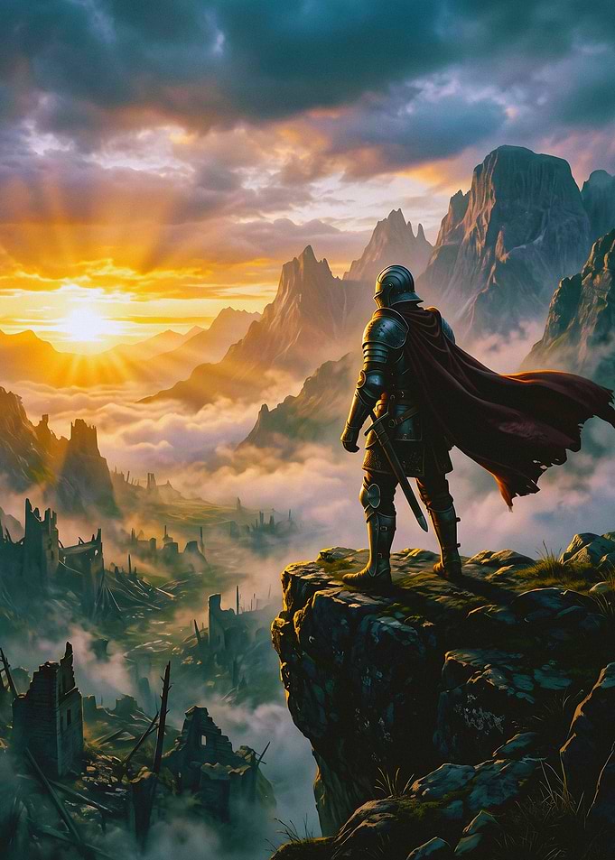 Knight overlooking ruined valley at sunset