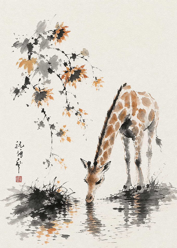 Watercolor Giraffe Drinking at Waterhole