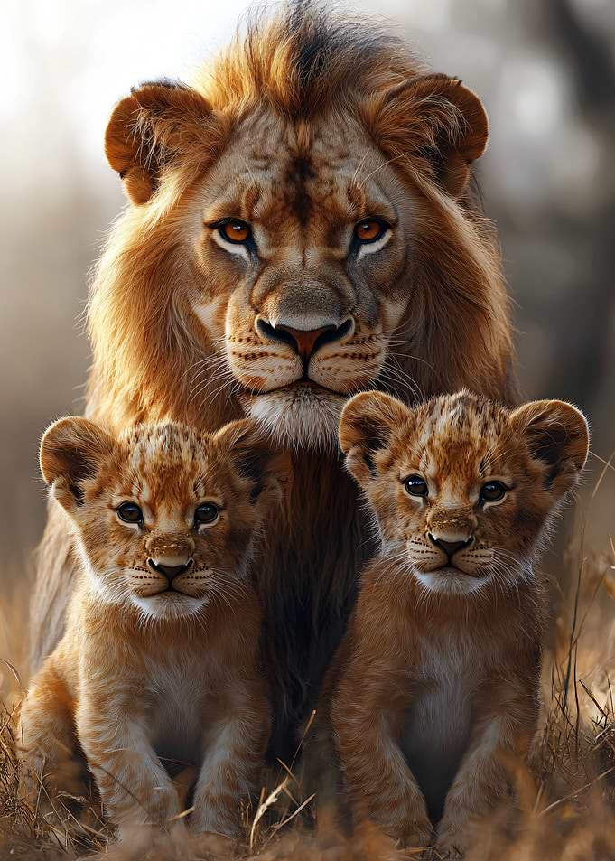 Majestic Lion with Two Cubs