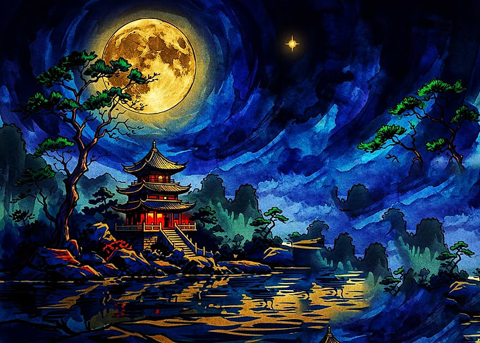 Pagoda Under a Full Moon