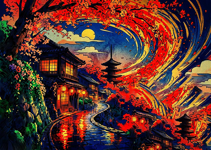 Vibrant Japanese Temple Nightscape