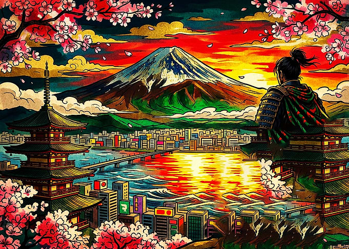 Samurai Overlooking Mount Fuji Cityscape