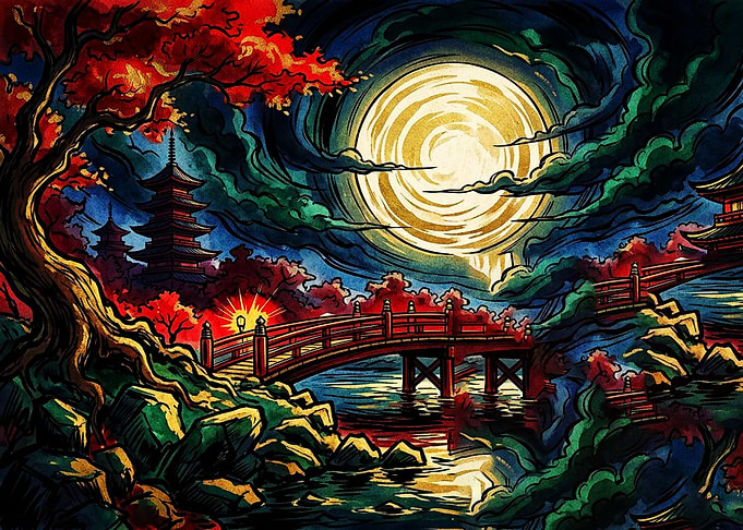 Vibrant Japanese Garden Under Full Moon