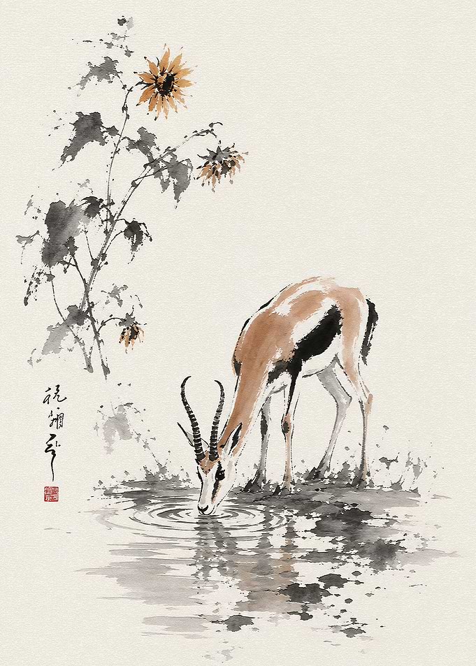Gazelle Drinking Water Ink Wash Painting