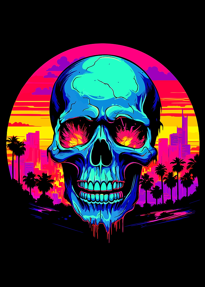 Synthwave Neon Skull Cityscape