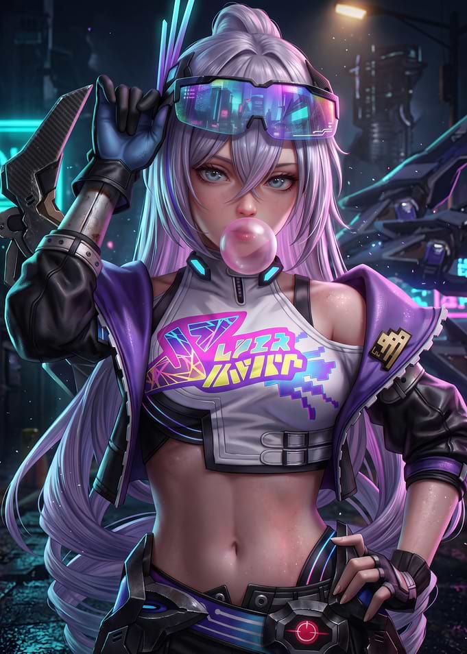 Cyberpunk Anime Girl with Bubblegum