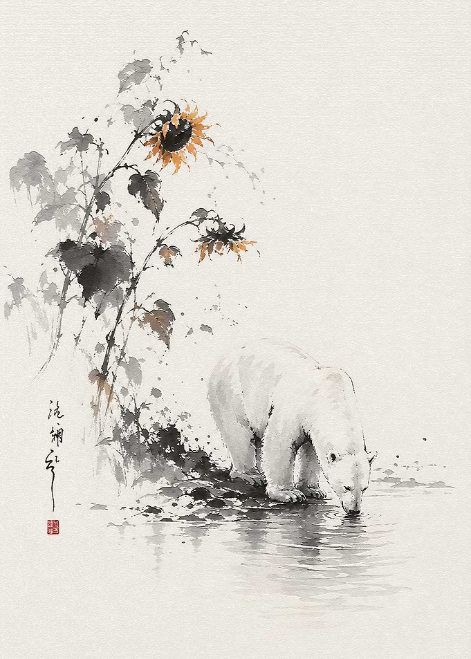Polar Bear Drinking by Sunflowers