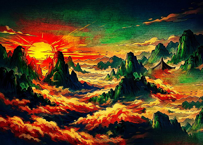 Vibrant Sunset Over Misty Mountains