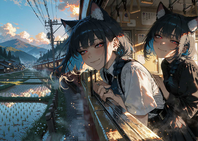 Neko Sisters on Train Riding Through Japanese Valley