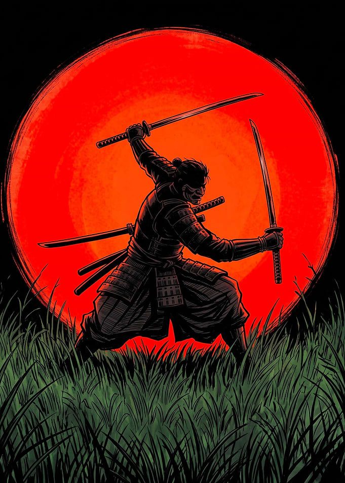 Samurai Warrior Against Red Moon