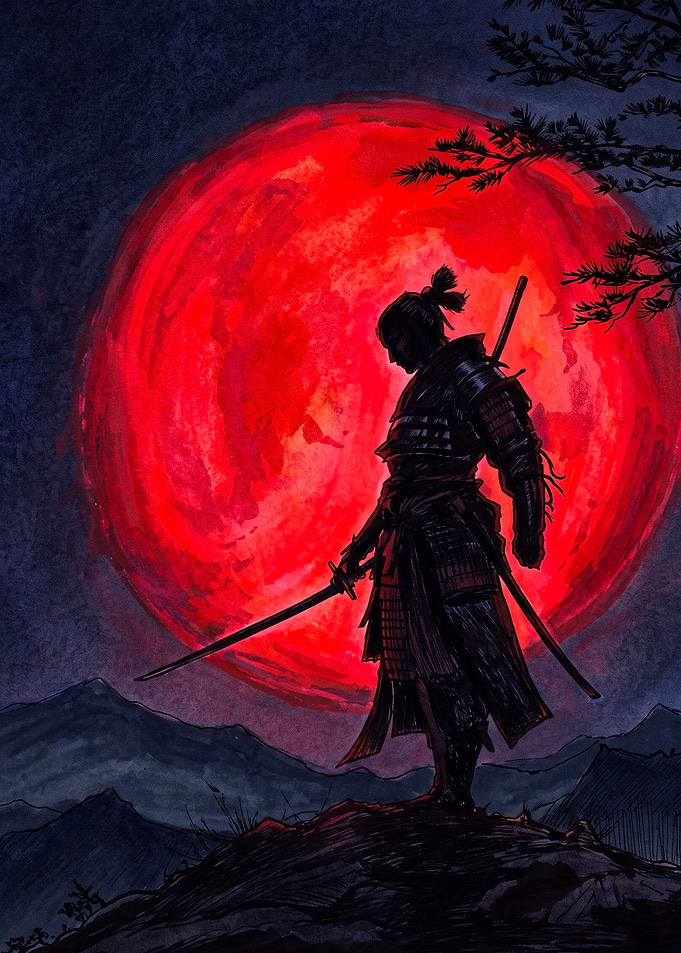 Samurai Silhouette Under Red Moon