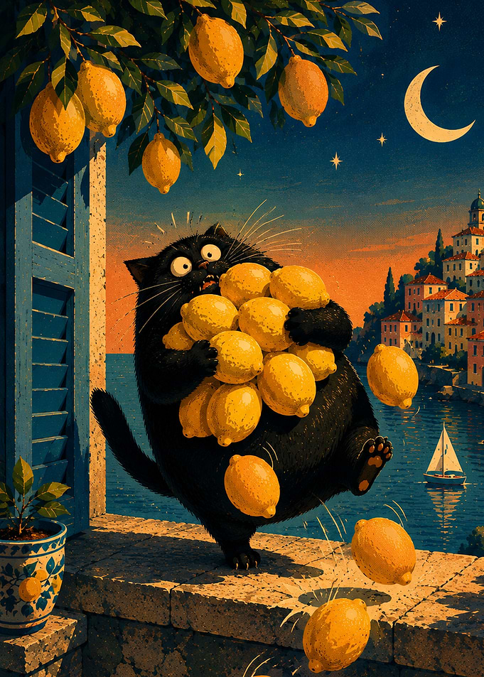 Funny Black Cat Juggling Lemons