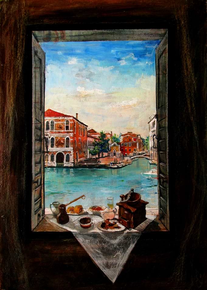 Venetian Window View with Coffee