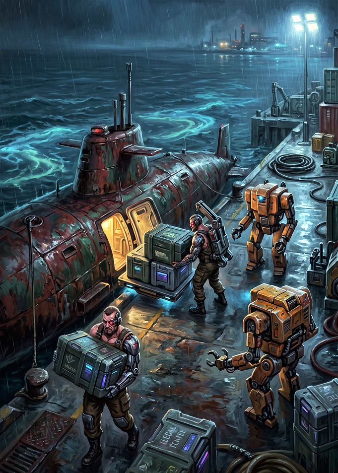 Cybernetic Soldiers Loading Submarine Cargo