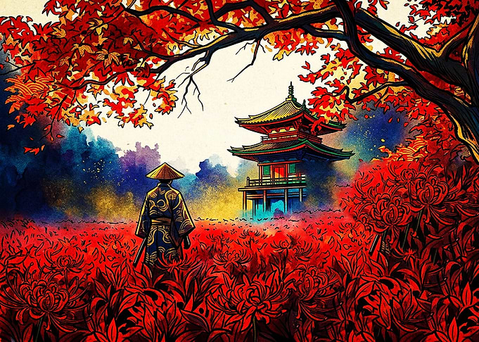 Samurai in Red Spider Lily Field