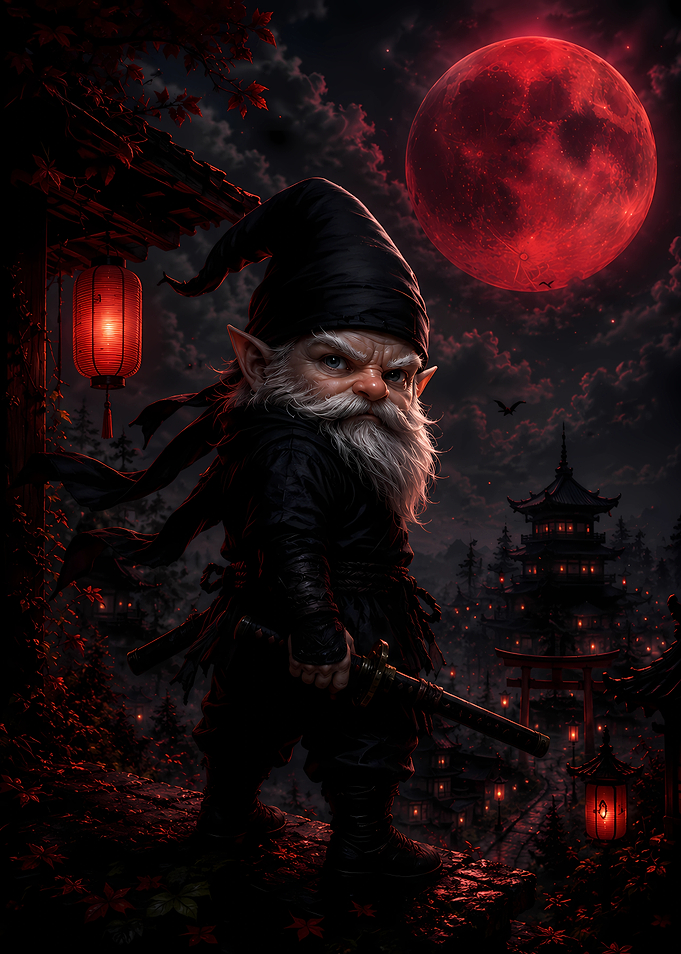 Gnome Ninja Under Red Moon