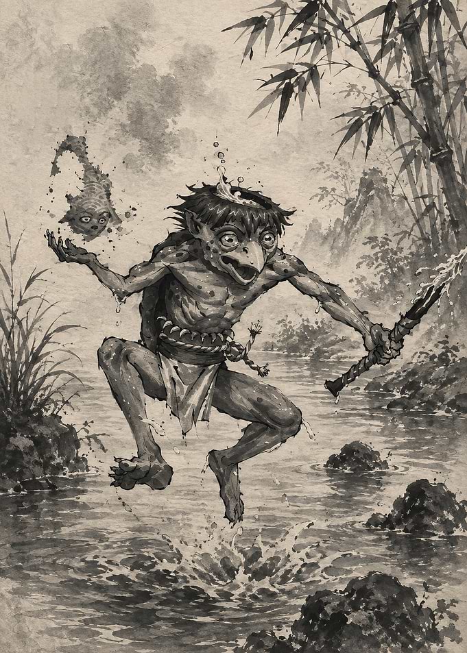 Kappa Creature Jumping in River