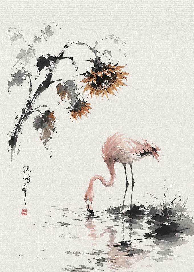 Watercolor Flamingo and Sunflower Art