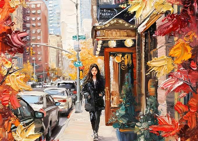 Woman Walking Down Autumn City Street