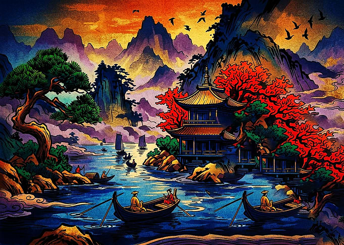 Vibrant Traditional Asian River Landscape