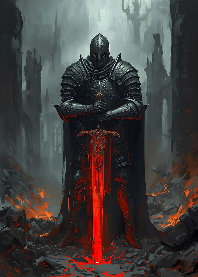 Dark Knight with Molten Sword — Brooding Gothic Armor Fantasy Art