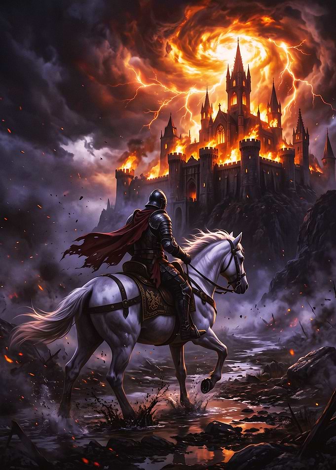 Knight Riding Toward Burning Castle
