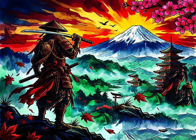 Samurai Standing Before Mount Fuji