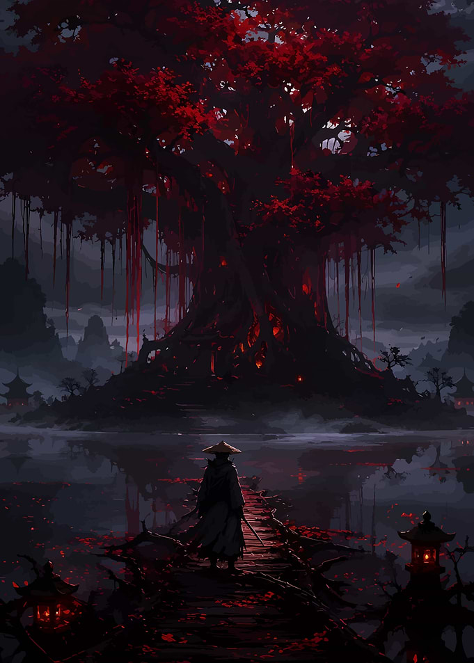 Lone Samurai Before Crimson Tree