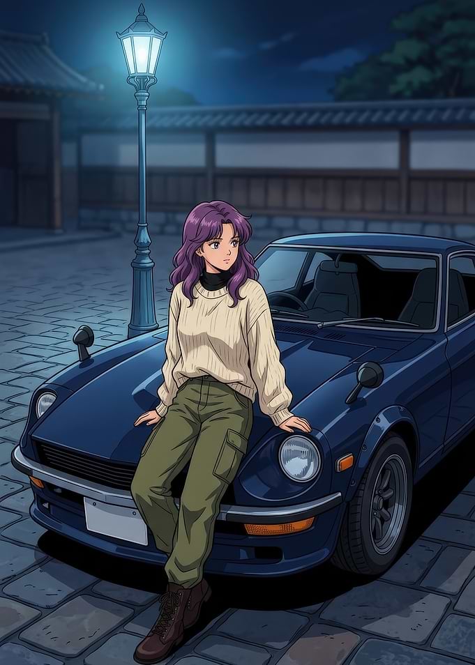 Anime Girl Sitting on Vintage Car