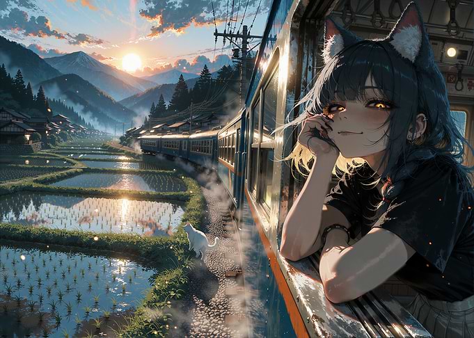 Anime Cat Girl Riding Through Japanese Village on Train at Beautiful Sunset
