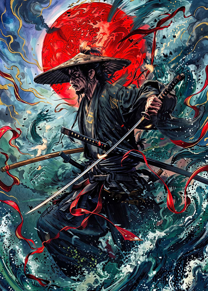 Samurai Warrior Under Red Moon
