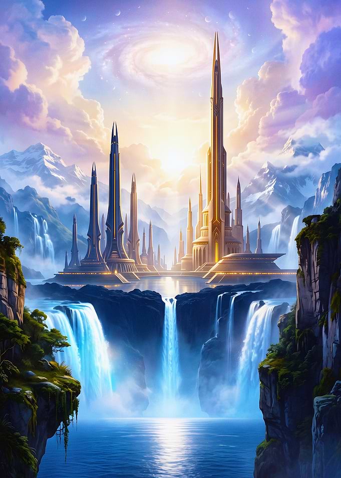 Ethereal Fantasy City with Waterfalls