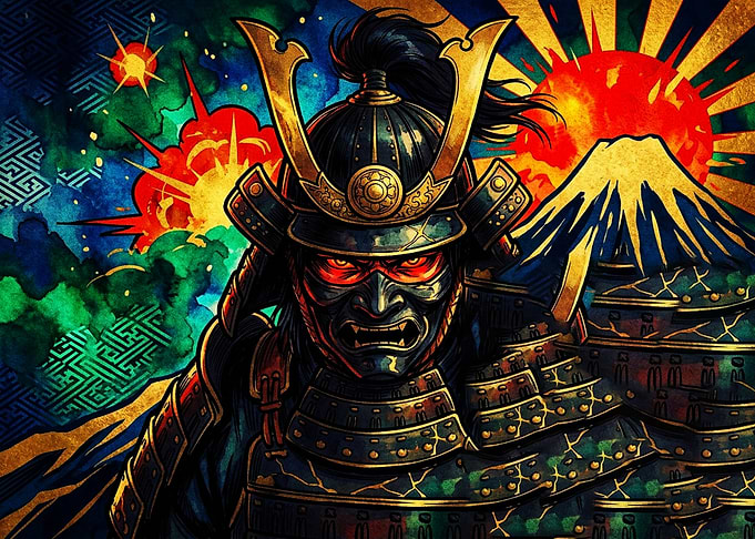 Fierce Samurai Warrior with Mount Fuji