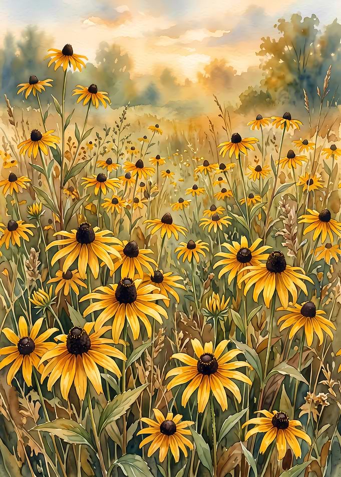 Watercolor Field of Black-Eyed Susans