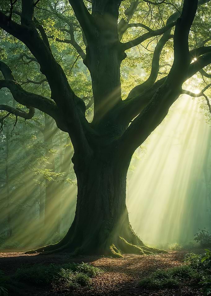 Sunlight Streaming Through Ancient Forest Tree