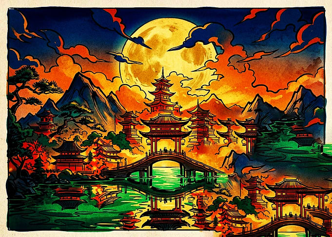 Vibrant Japanese Temple Under Full Moon