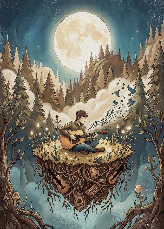 Floating Island Musician Under Moonlight