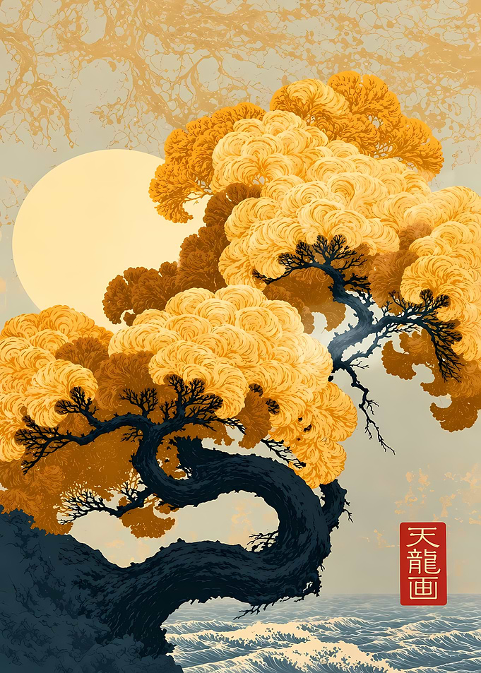 Golden Bonsai Tree Over Ocean
