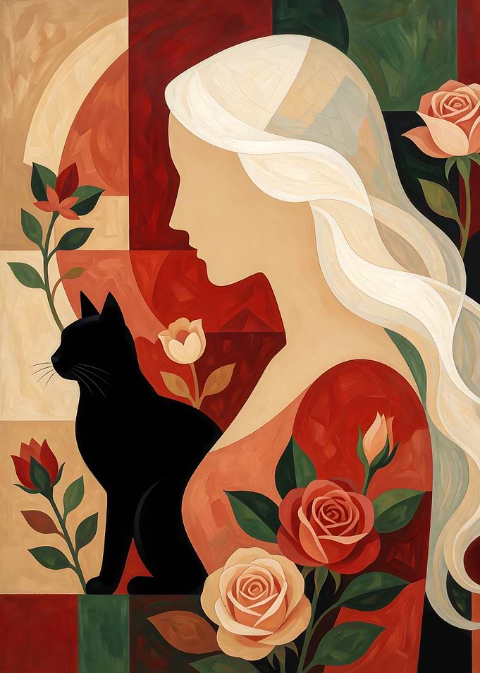Woman with Black Cat and Roses