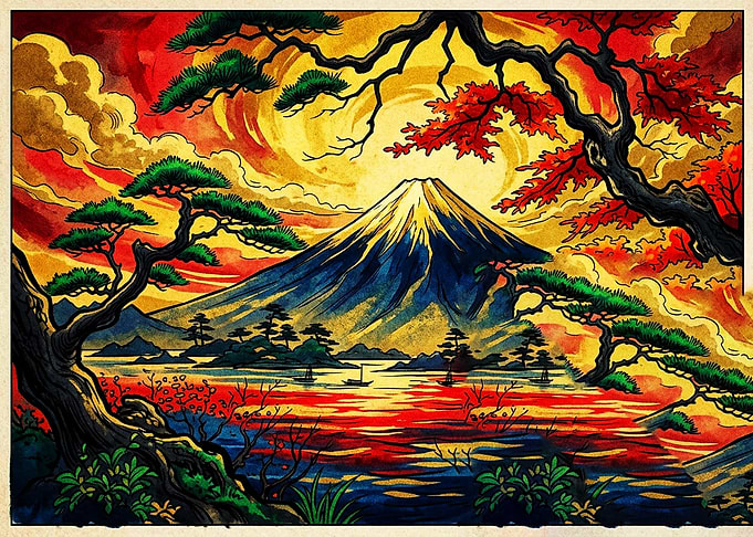 Vibrant Mount Fuji Japanese Landscape Art
