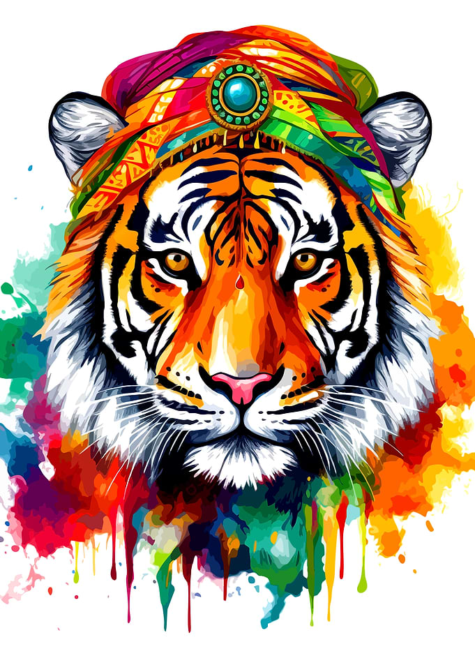 Colorful Watercolor Tiger with Turban