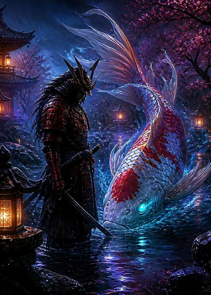 Samurai and Giant Koi Spirit