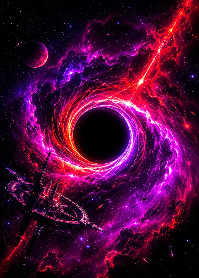 Space Station Near Glowing Black Hole
