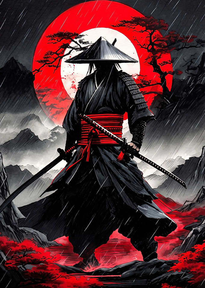 Samurai Warrior in Red Rain