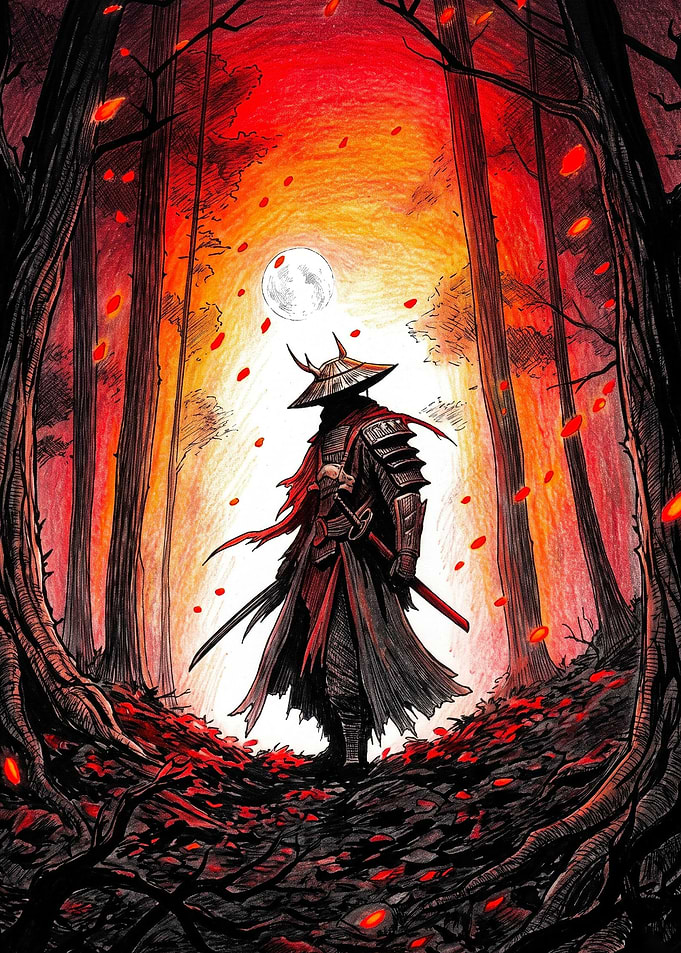 Samurai Warrior in Red Forest