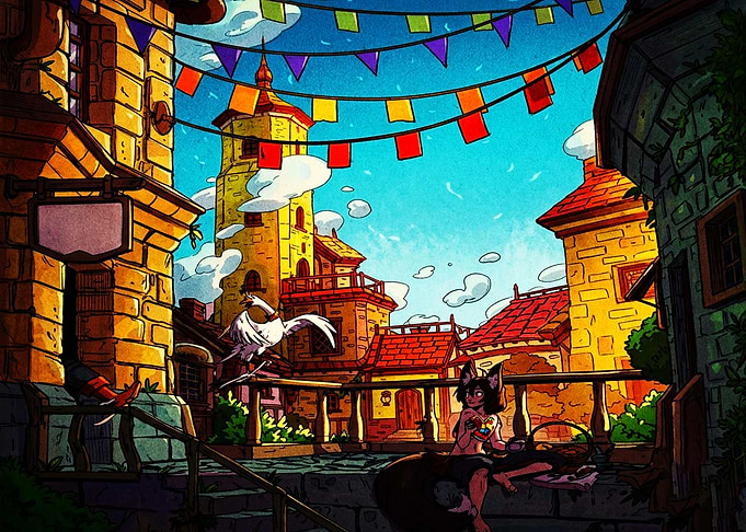 Anime Girl in Sunny Fantasy Town
