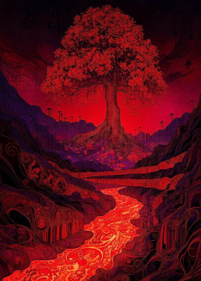 Surreal Red Tree Landscape