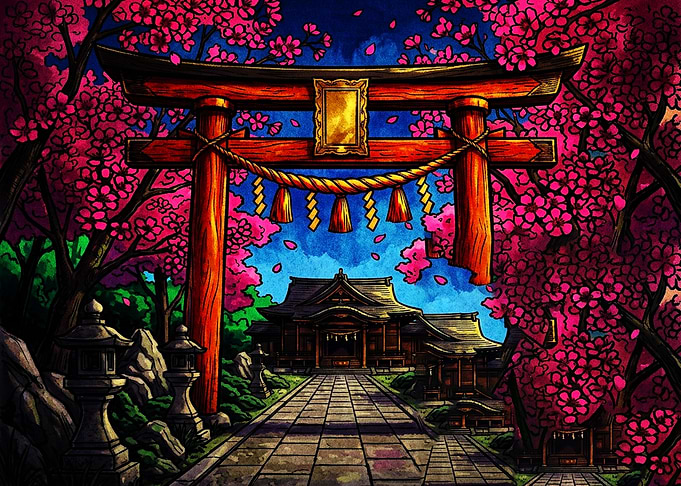 Vibrant Japanese Shrine with Cherry Blossoms
